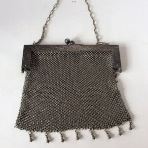 Vintage Silver Mesh Chain Purse Wristlet Clutch German Silver 1900's Evening Bag